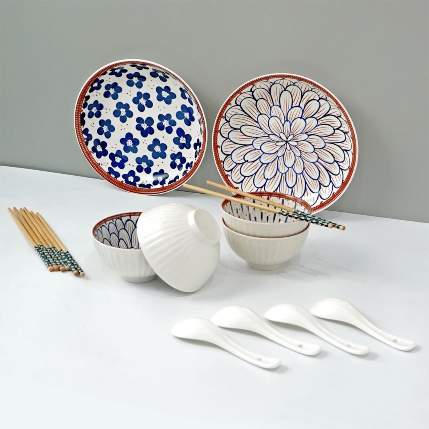 Amazon Brand - Solimo Ceramic Bowl with Plate & Spoon & Chopstick Set, Set of 14 pcs set (Bowl H 4B+4S+4C+2P) | Microwave & Dishwasher Safe| Bowls for Snacks, Fruits, Salad, Desserts | BPA