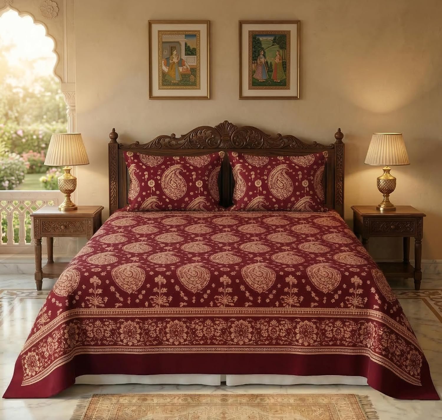 BSB HOME Premium Cotton Double Bedsheet with 2 Pillow Covers, 240 TC Soft Breathable, Skin Friendly & Hypoallergenic, Jaipuri Printed (90 x 100 Inches) (Kalki Print - Deep Maroon)