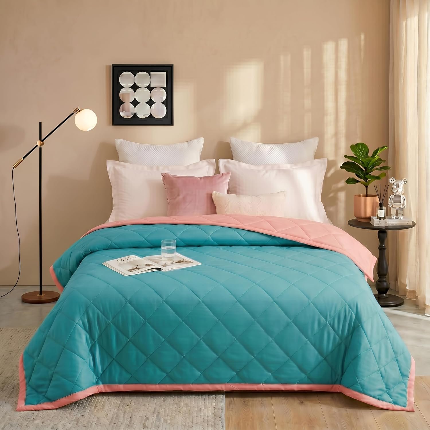 HOMEKART Colour Pop Microfiber Comforter 80x90 Inch | Double Bed Reversible AC Comforter | Soft Quilted Lightweight Blanket | 150 GSM Cozy All Season Comforter (Caribbean Blue)