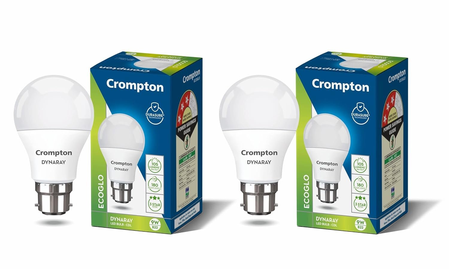 Crompton Dyna Ray 9 Watt LED Bulb Cool Day Light | Pack of 2 | B22 Base, Energy-Efficient | LED Bulb for Home & Office, Wide Light Spread