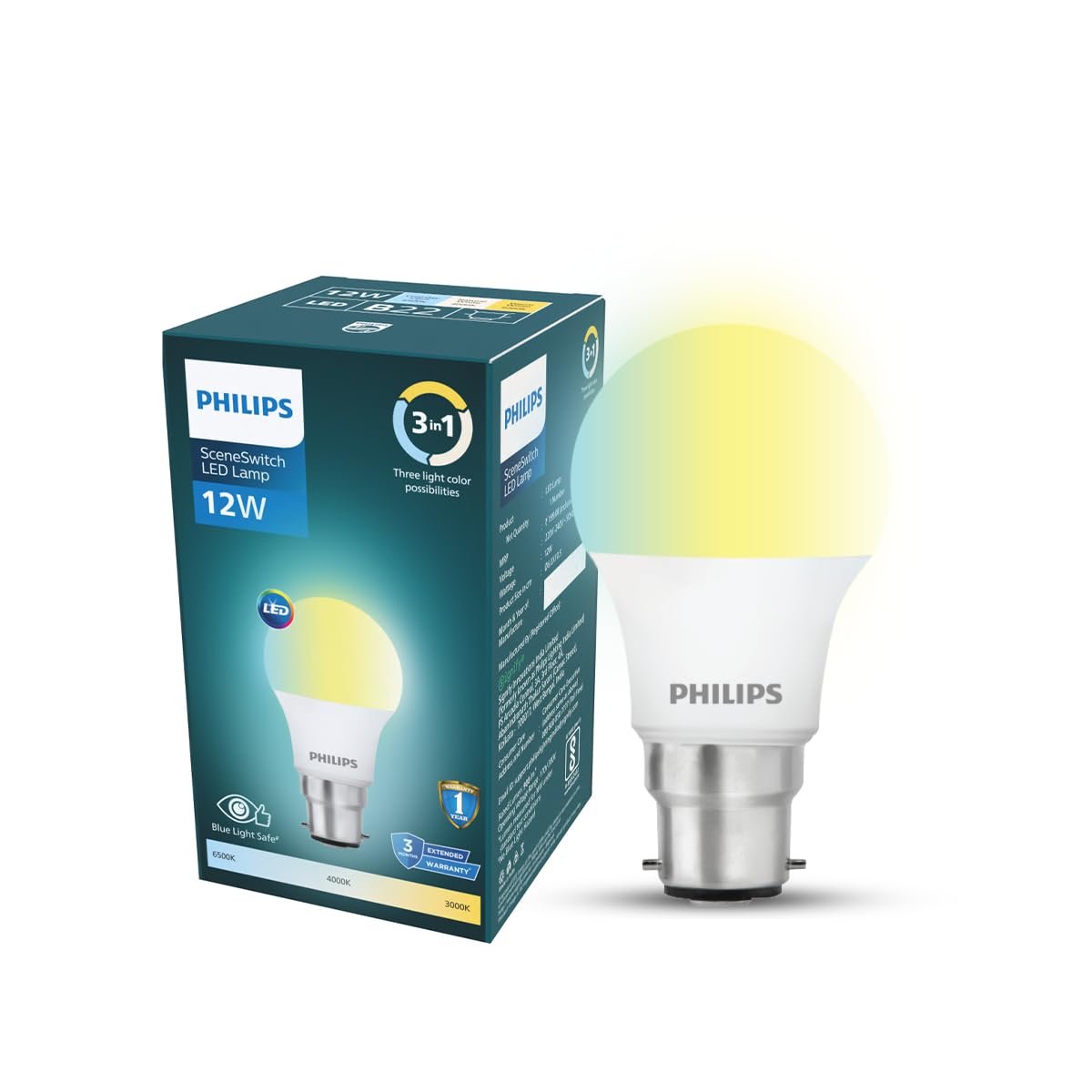 Philips SceneSwitch 12W LED Bulb | 3-in-1 Light Modes CDL-NW-WW | B22 Base | Change Brightness with Wall Switch | Energy Efficient | Pack of 1