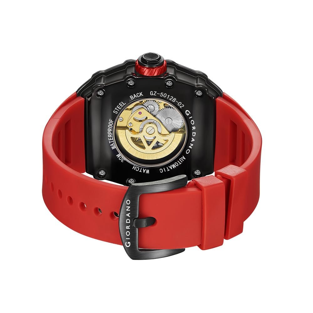 Giordano Luxury Automatic Watch for Men – Mechanical Skeleton Dial, Dual Gear Display,Silicon Strap