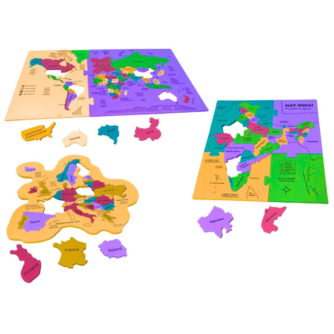 Storio 3 in 1 Map Puzzle for Kids India, Europe and World | Educational Geography Learning Toy for Ages 4-8 | Jigsaw Puzzle Gift for Boys & Girls |Learn States & Capitals, Countries| Montessor
