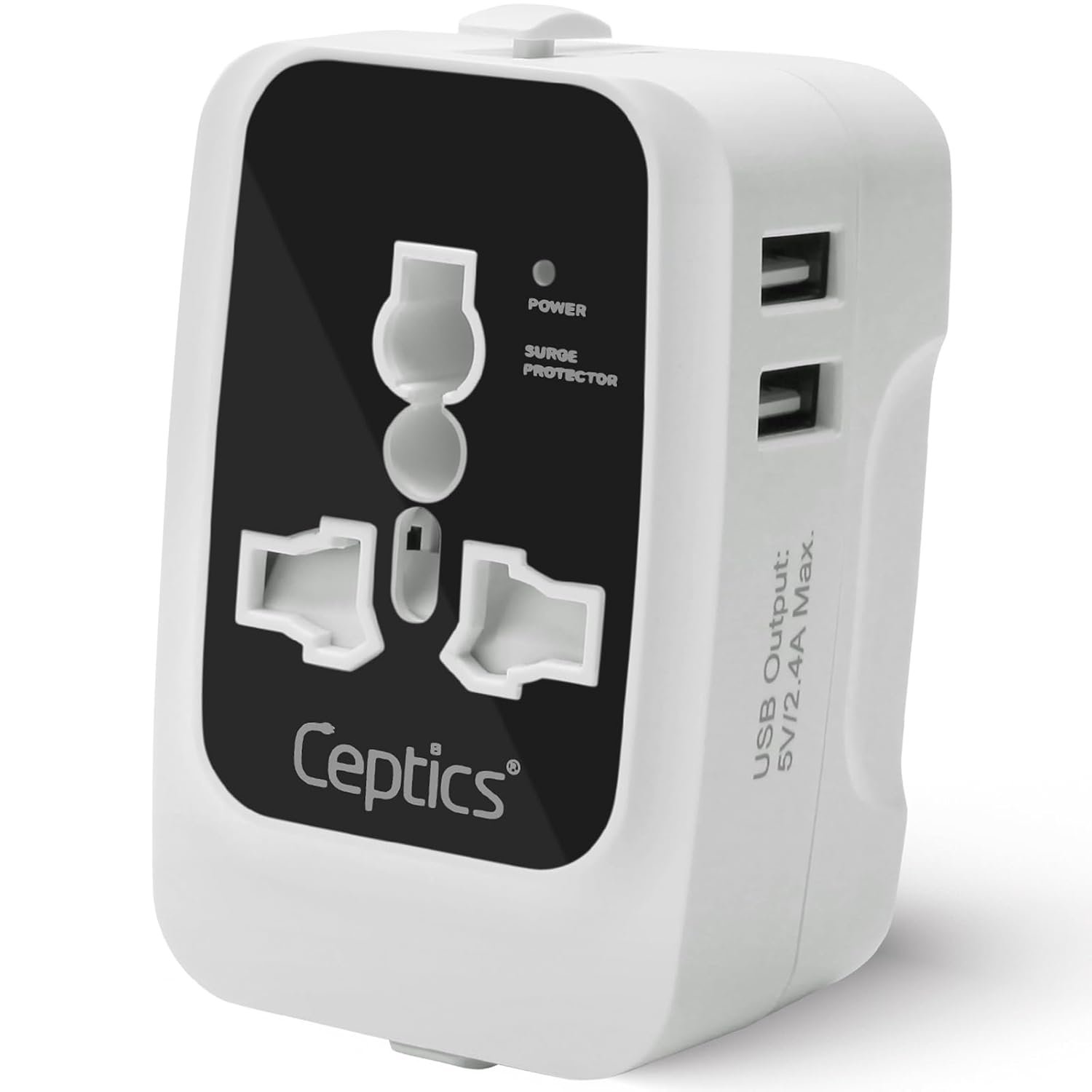 Ceptics Universal Travel Adapter All in One, International Travel Adapter for EU, US, UK and More, Type A, C, G, I Output and Universal Input with 2X USB-A (2.4A), CE and RoHS Certified – Black/Grey