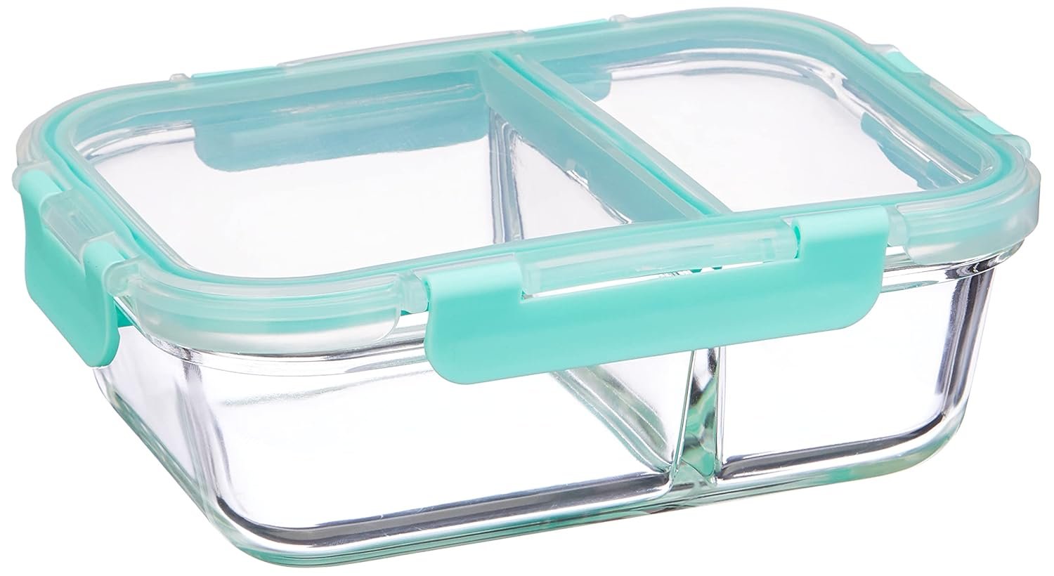 Amazon Brand - Solimo Microwave Safe Two Compartment Lunch Box Set for Office | Borosilicate Glass | Safety Lock Airtight Tiffin Containers (900 ml) | Transparent | Slim Design