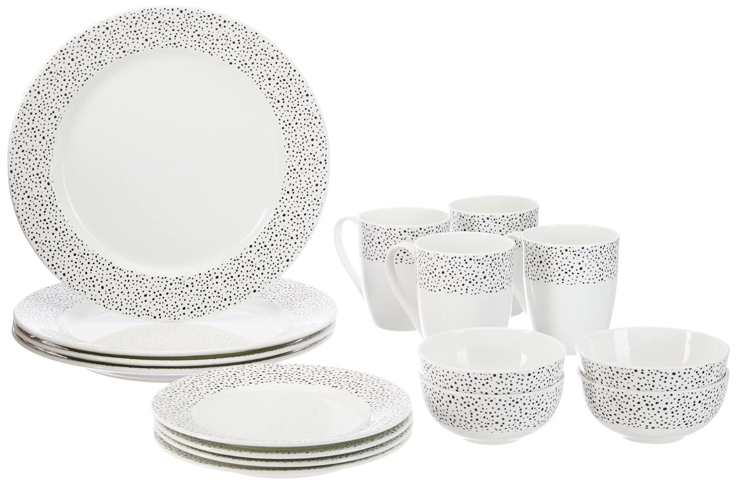 Amazon Brand - Solimo Ceramic 16 Piece Polka Dot Dinner Set | 4 Dinner Plates, 4 Quarter Plates, 4 Mugs & 4 Small Bowls | Black Dotted Design