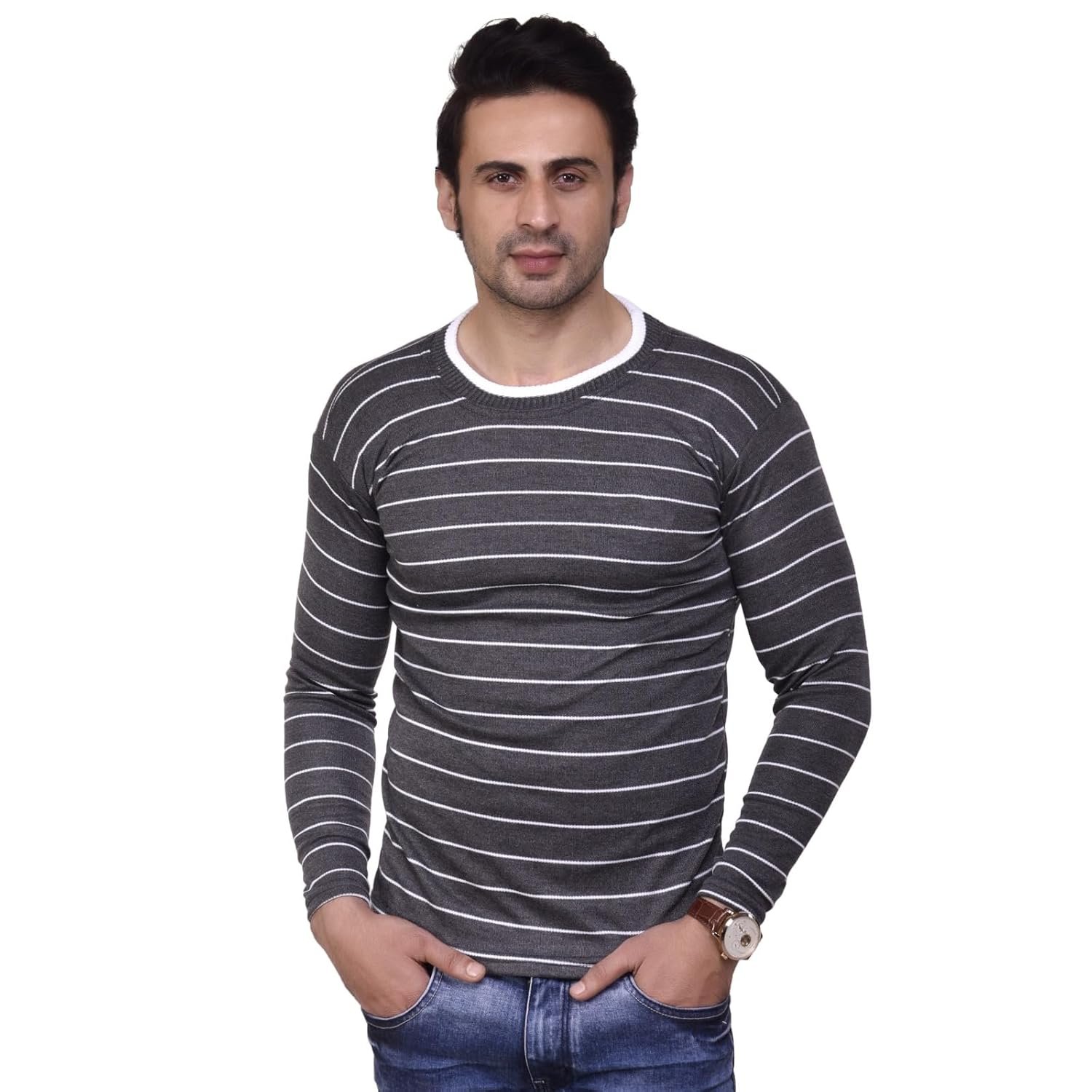 Fashionbazaar4u Men's Regular Fit Woolen Striped Round Neck Full Sleeves Casual T-Shirt
