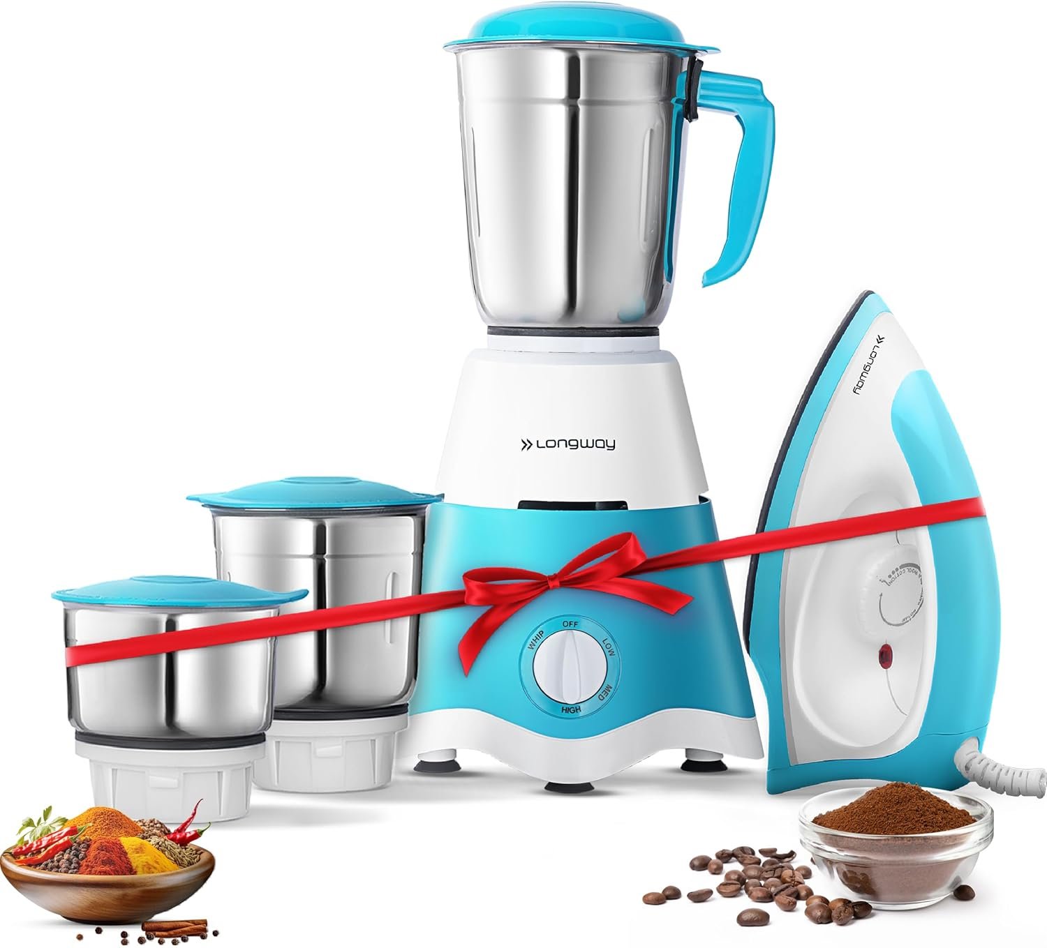Longway Super Dlx Mixer Grinder with Kwid 1100W Dry Iron | 500 Watt Powerful Motor | 3 Jars for Grinding, Mixing, Juicing | 2 Year Warranty (Blue & White, Combo Offer)