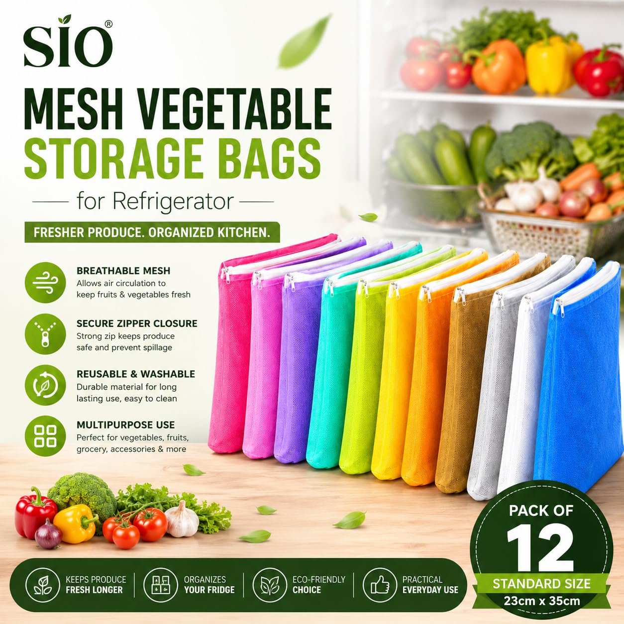 SIO Mesh Vegetable Storage Bags for Refrigerator Pack of 12 with Zipper Reusable Produce Bags for Fridge Kitchen Organization and Grocery Storage