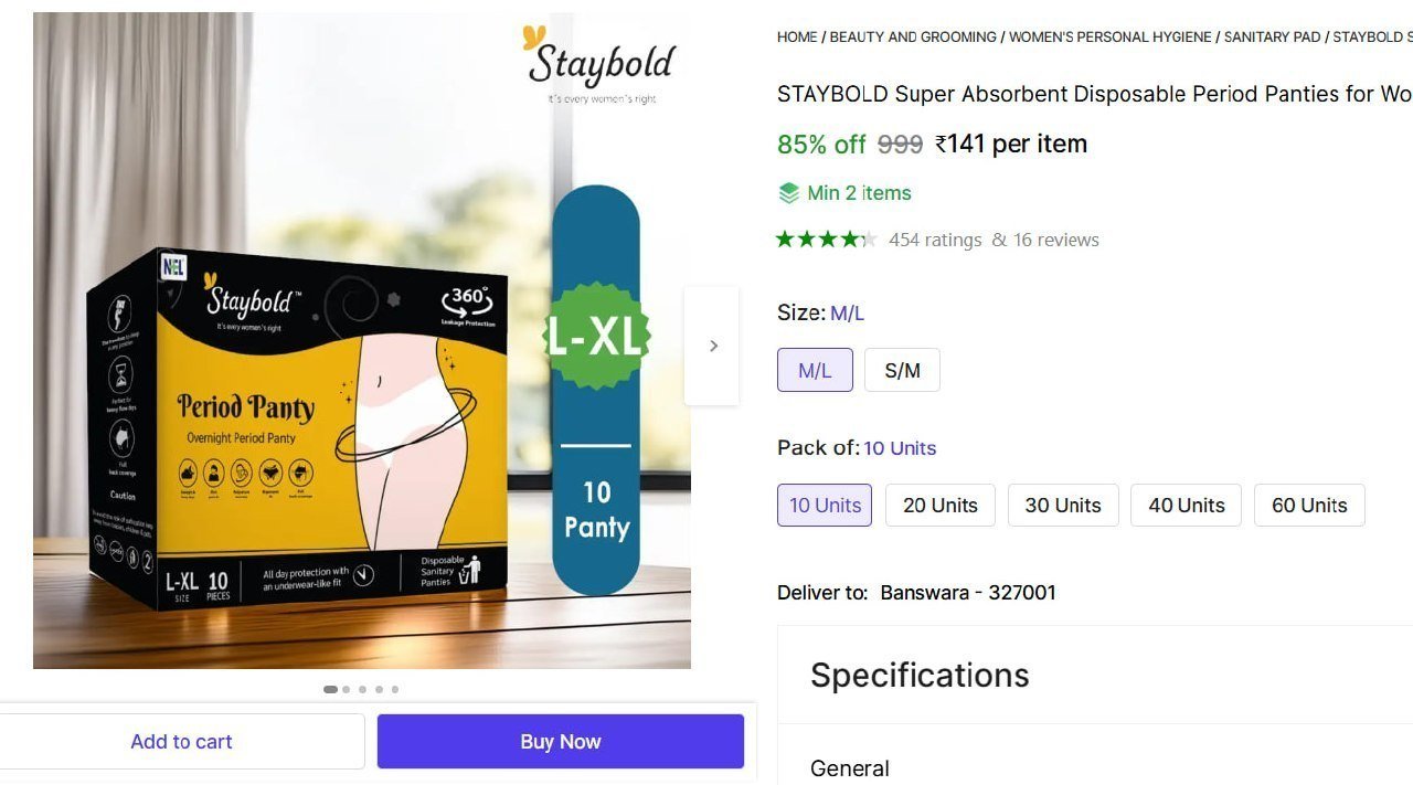 STAYBOLD Super Absorbent Disposable Period Panties for Women with 12 Hr Protection(L/XL) Sanitary Pad Price in India - Buy STAYBOLD Super Absorbent Disposable Period Panties for Women with 12 Hr Prote