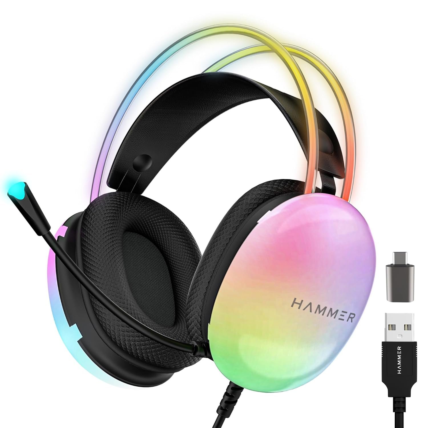 HAMMER Blaze Wired Gaming Headphones with Mic, Over Ear Headset Wired with 50mm Drivers, Full RGB Lights, Adjustable Headband, Breathable Over Ear Cushions, 1.5m USB Cable, Black