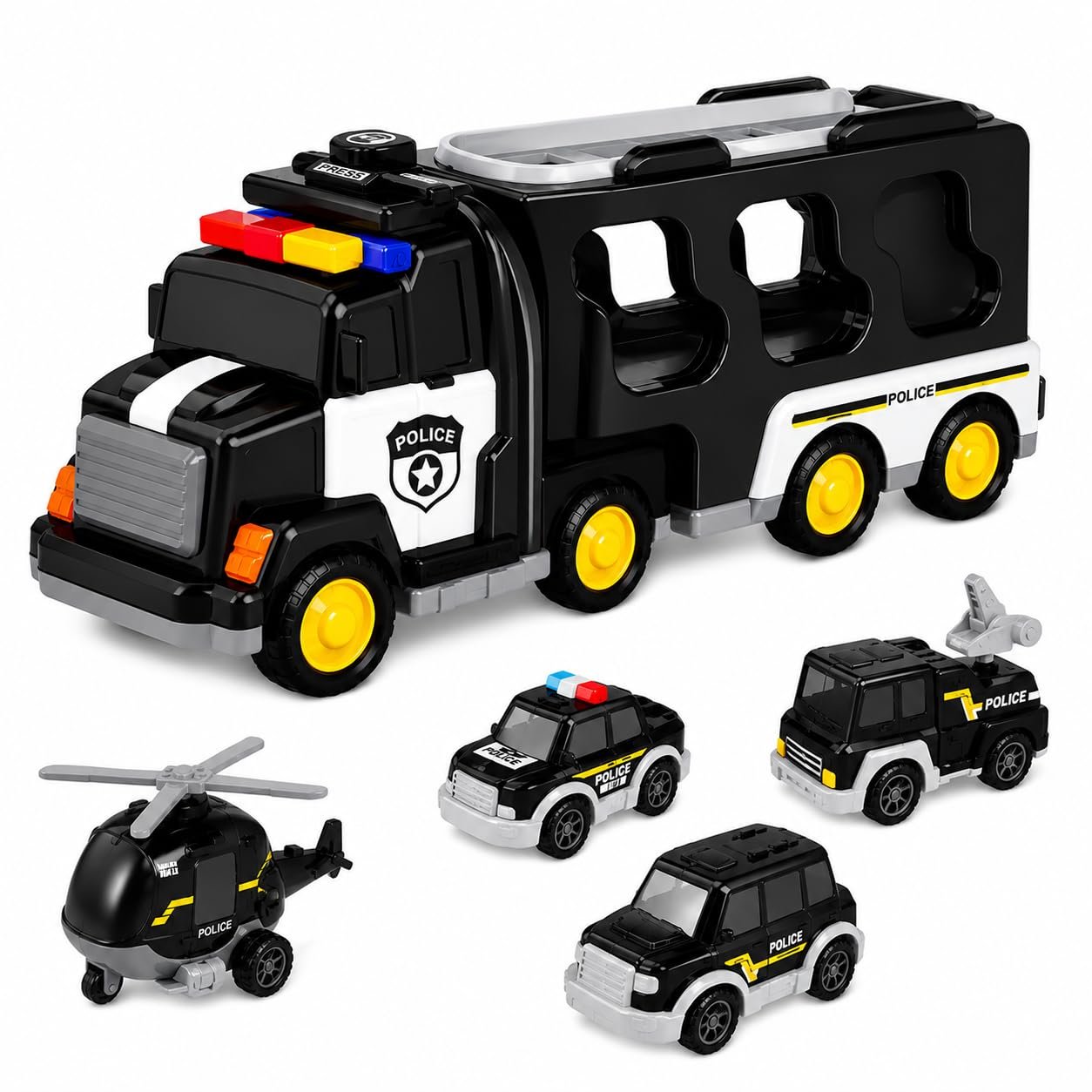 Lifelong 5-in-1 Police Carrier Truck | Big Friction Powered Truck Toy with Lights, Siren & Sound | Police Car Set with Fire Truck, Ambulance, Helicopter | Birthday Gift Set for Boys, Girls 3-10 Yr