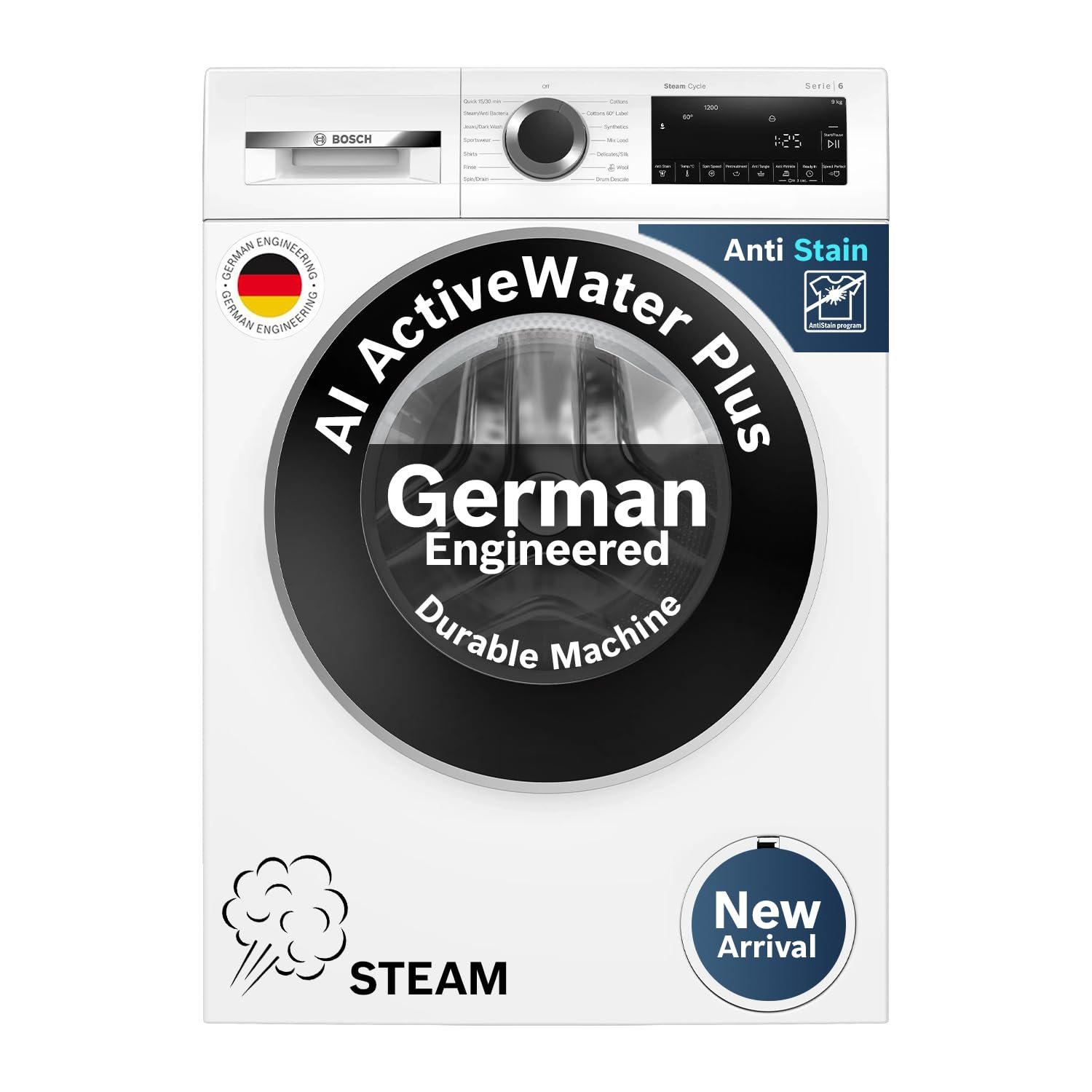 Bosch 9 kg 5 Star Front Load Fully-Automatic Washing Machine, AI ActiveWater, 14 Wash Programs, Removes 99.9% Germs with Steam, No Tangle or Wrinkle, SoftCare Paddle,Zero Vibration, White, WGA14200IN