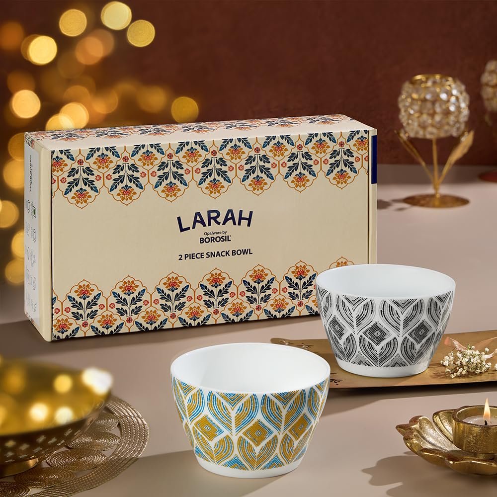 Larah by BOROSIL Art & Craft Opalware 2 pc Snack Bowl Set | 515 ml x 2 Pasta Bowl Set | Microwave & Dishwasher Safe, Bone-Ash Free | Crockery Set Ideal for Daily Use & Gifting, White