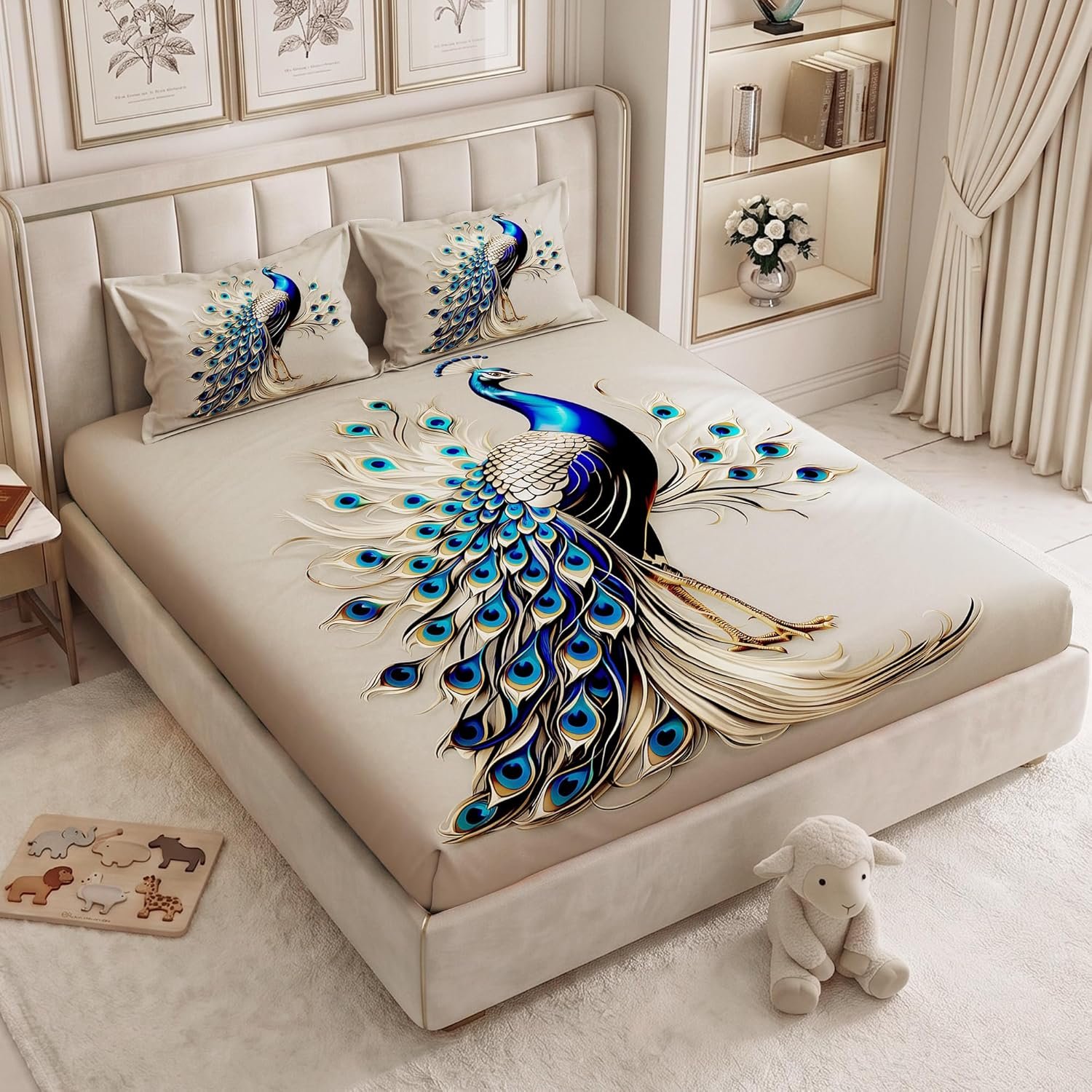 240 TC Cotton Double Bedsheet for King Bed (225×250 Cm) | 7D Digital Printed Double Bedsheet with 2 Pillow Covers | Soft, Wrinkle Packaging - Peacock