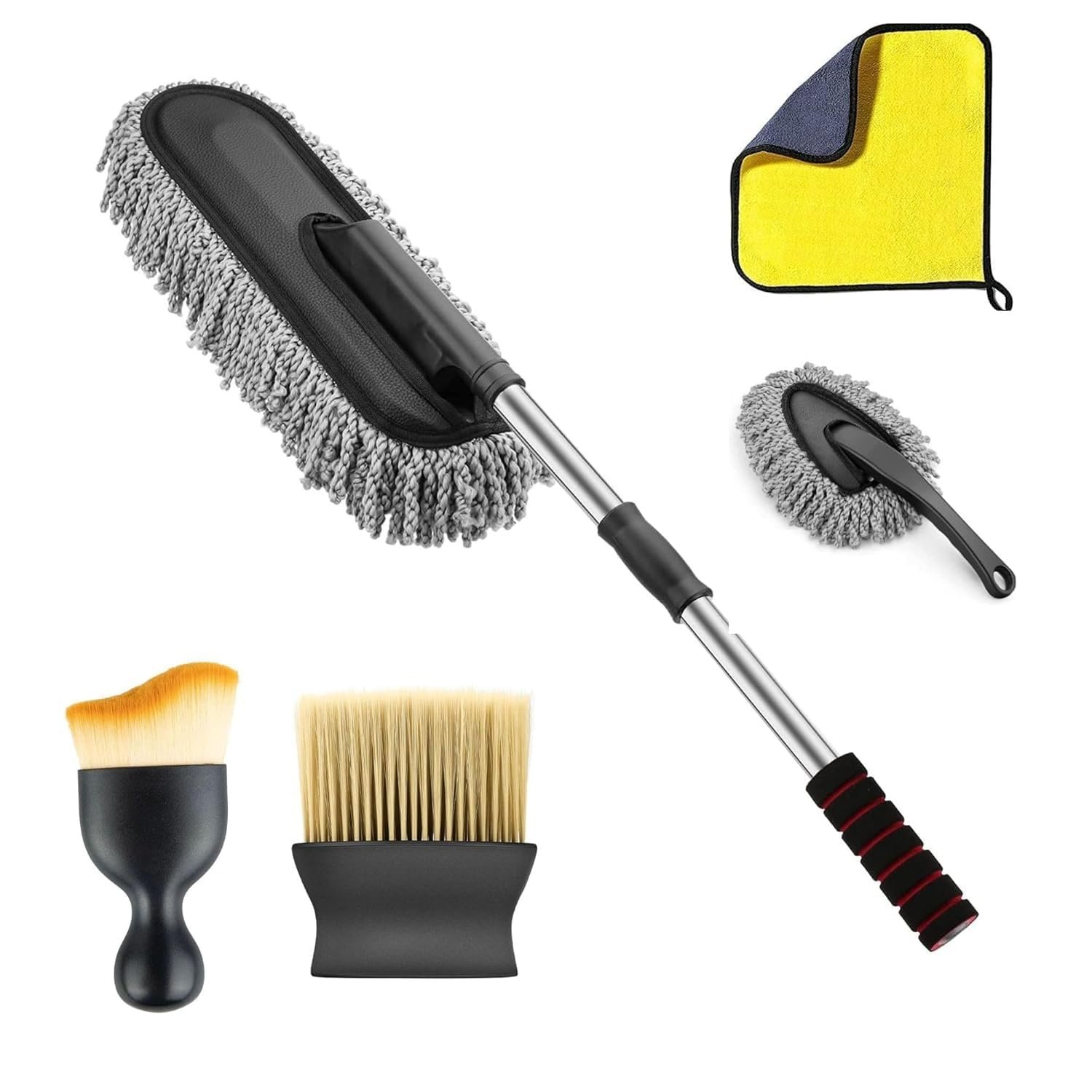 ORJILO 5 PCS Microfiber Car Duster Kit Interior & Exterior Car Cleaning Detailing Tool Scratch & Lint Free, Pollen Removing Extendable Long Handle Duster for Car & Motorcycle car (Duster K