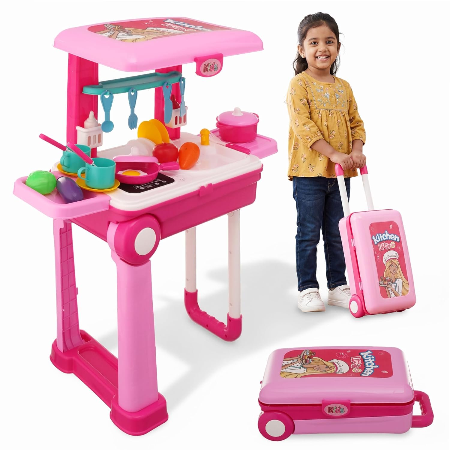 Lifelong Big Kitchen Play Set for Kids 3–8 Yrs | Light & Sound Portable Suitcase Toy Kitchen | 28 Pieces Pretend Cooking Accessories, Stove, Pots, Pans & Play Food |Playset for Girls (Pink, 39