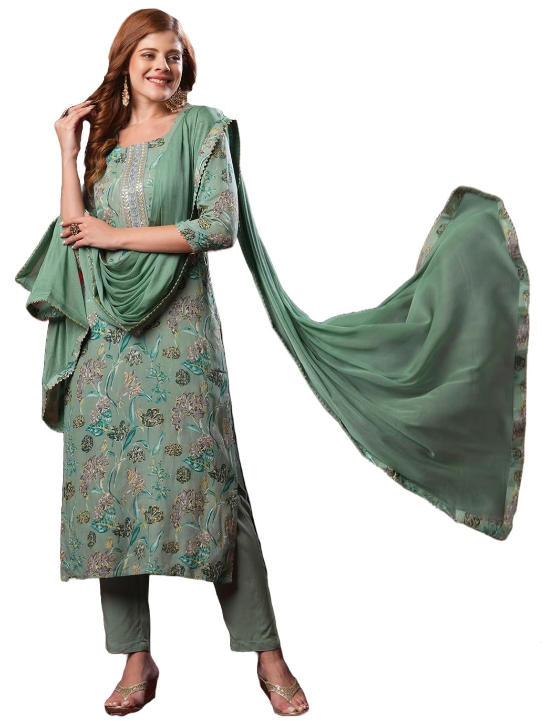 GoSriKi Women's Rayon Blend Printed Straight Kurta with Pant & Dupatta