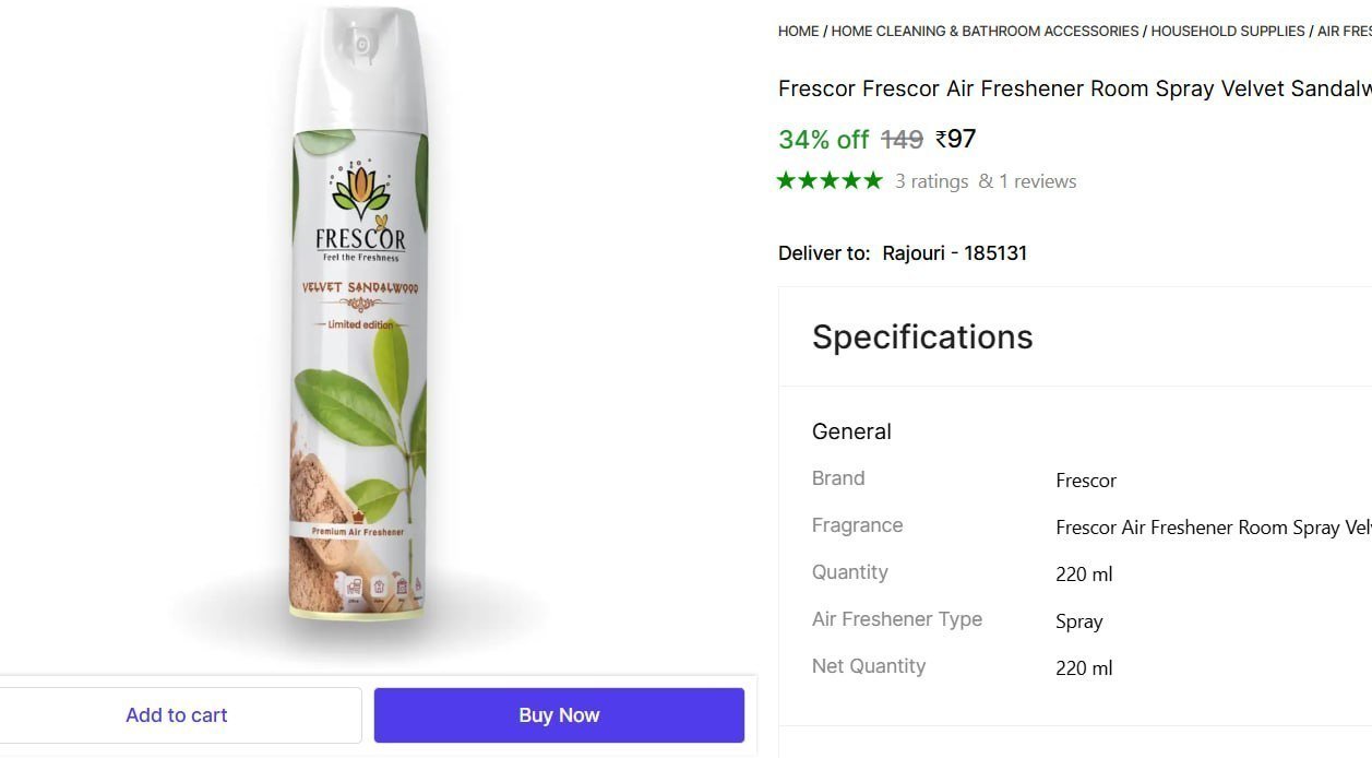Frescor Frescor Air Freshener Room Spray Velvet Sandalwood Flavour (Pack of 01) Spray Price in India - Buy Frescor Frescor Air Freshener Room Spray Velvet Sandalwood Flavour (Pack of 01) Spray online 