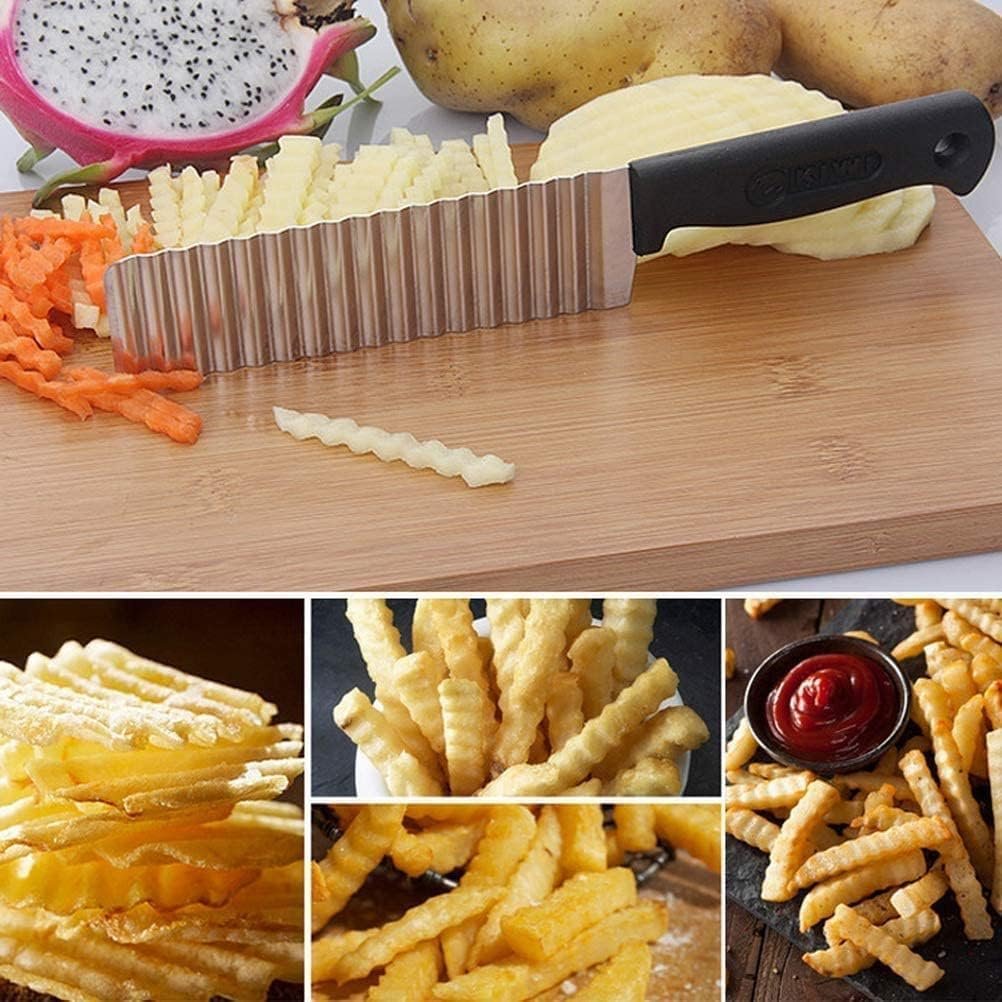 Stainless Steel Wavy Blade Crinkle Cutter Knife – Vegetable & Potato Chip Slicer with Durable Nylon Handle – French Fry Cutter, Fruit, Salad, and Garnish Making Tool for Kitchen (Knife Black)