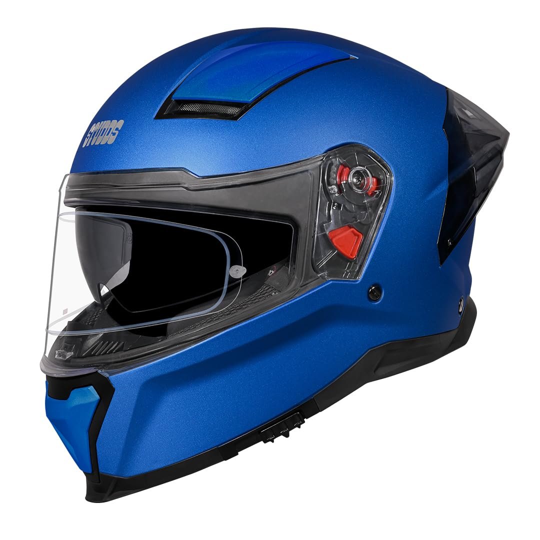 STUDDS Helios ISI and DOT Certified Full Face Helmet with Antifog 100 Lens, Sporty Spoiler (MATT Blue - XL)