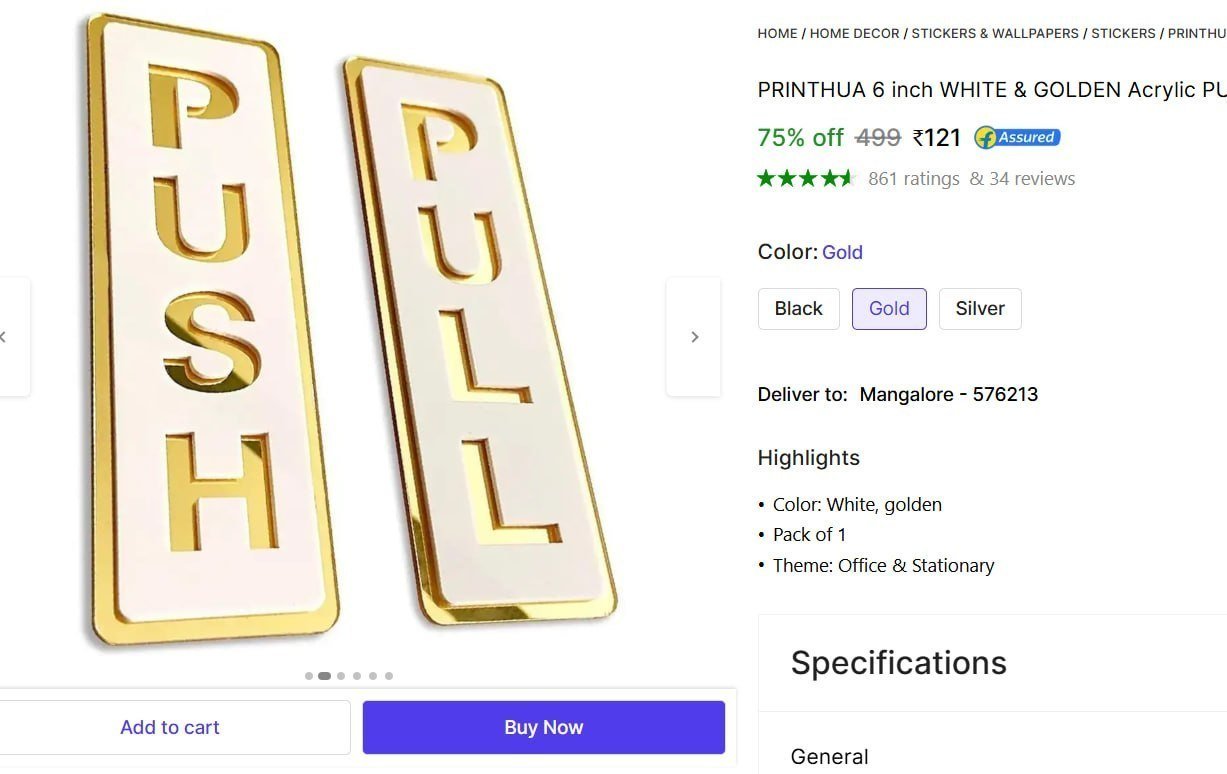 PRINTHUA 6 inch WHITE & GOLDEN Acrylic PUSH PULL DOOR Sign for Hotel Office Business & Resort Self Adhesive Sticker Price in India - Buy PRINTHUA 6 inch WHITE & GOLDEN Acrylic PUSH PULL DO