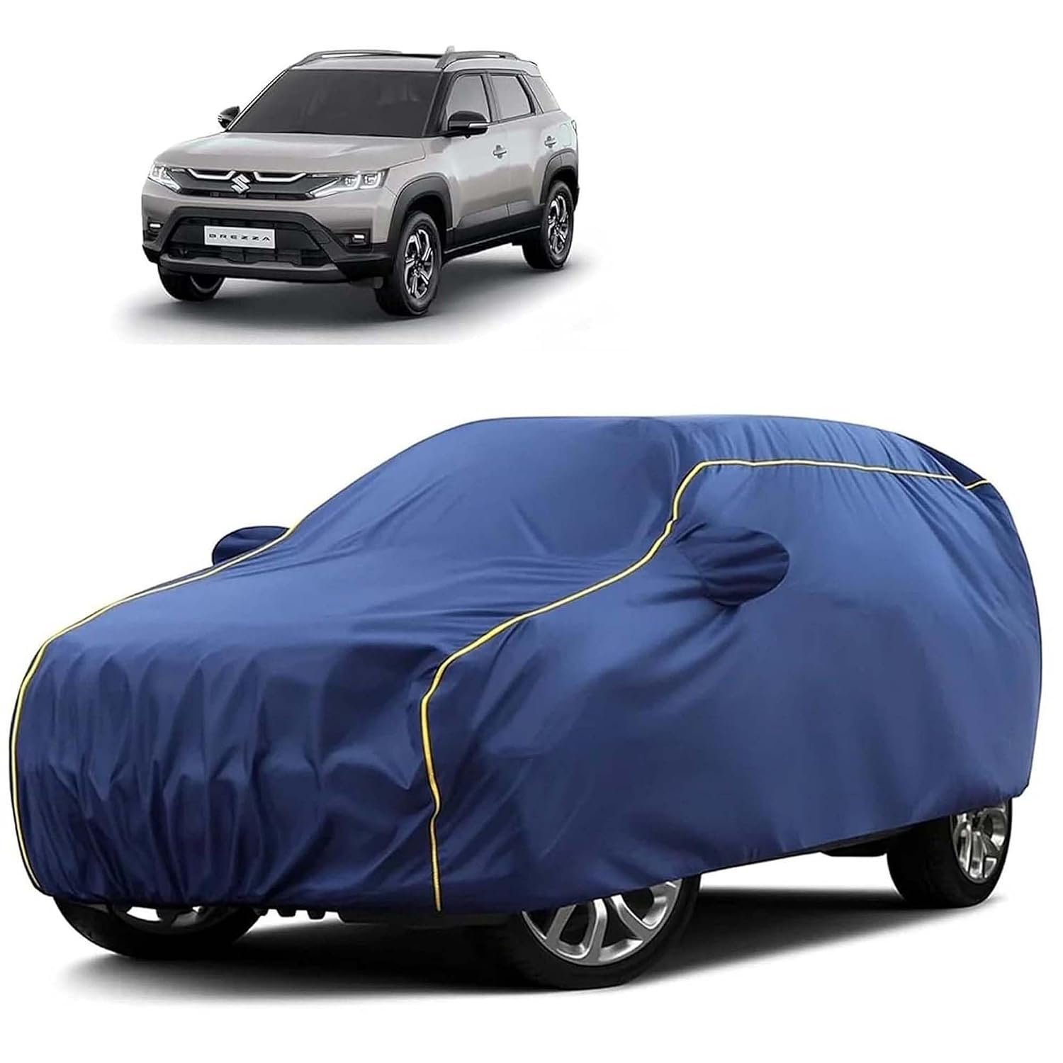Sulfar 100% Water Resistant Car Body Cover Compatible with Mirror for Maruti Suzuki Breeza (Triple Stitched, Full Bottom Elastic, Blue Tafetta with Yellow Piping)