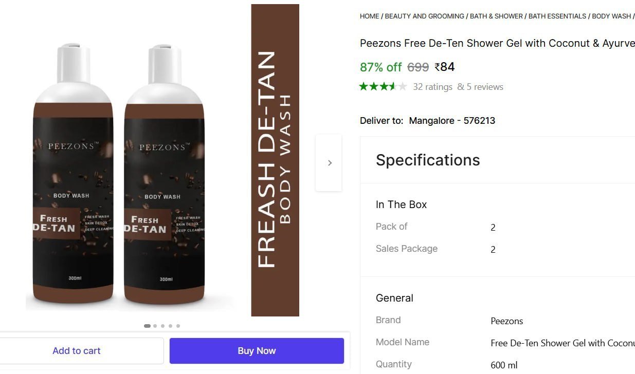 Peezons Free De-Ten Shower Gel with Coconut & Ayurveda Sulphate & Paraben Free Price in India - Buy Peezons Free De-Ten Shower Gel with Coconut & Ayurveda Sulphate & Paraben Free onlin