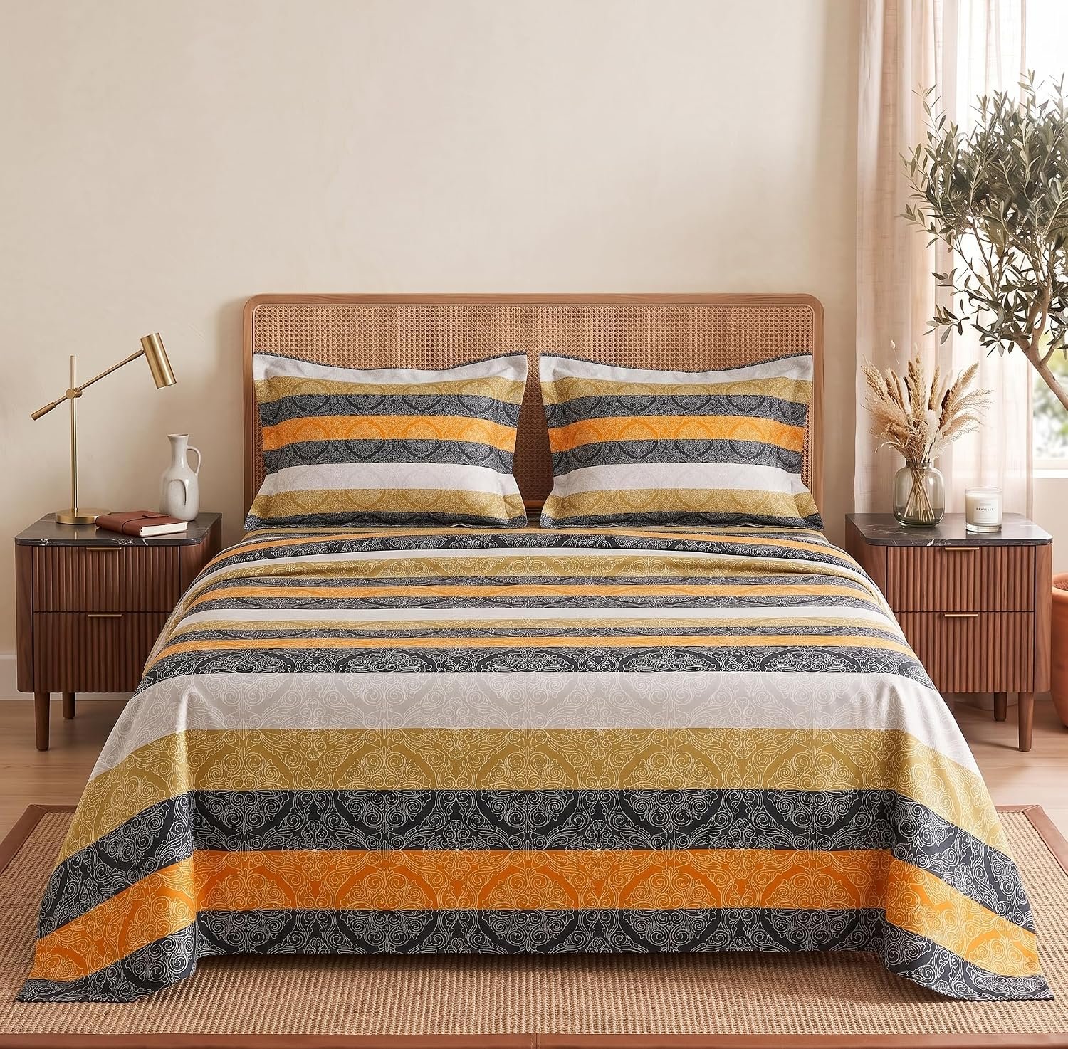 BSB HOME 240 TC Cotton Double Bedsheet with 2 Pillow Covers, Soft & Breathable Bed Sheet for Double Bed, Fade & Wrinkle Resistant, Floral Print, 90 x 100 Inches (228 x 254 cm) - Damask Stripe