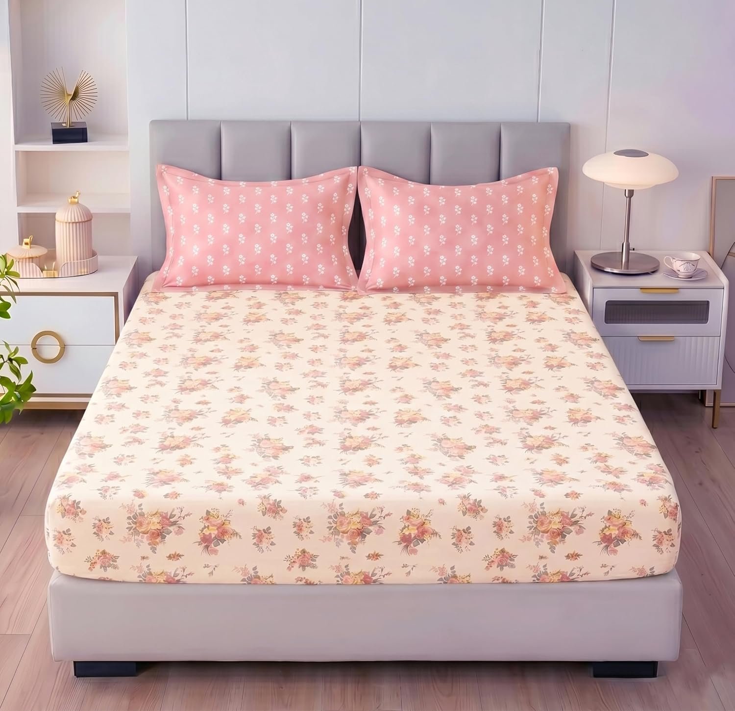 BSB HOME 240 TC Cotton Feel Fitted Bedsheet for Double Bed, All-Round Elastic Deep Pocket, Soft Breathable Wrinkle Resistant & Skin Friendly Bed Sheet, Easy Care, 72 x 72 + 10 Inches - Blossom Pin