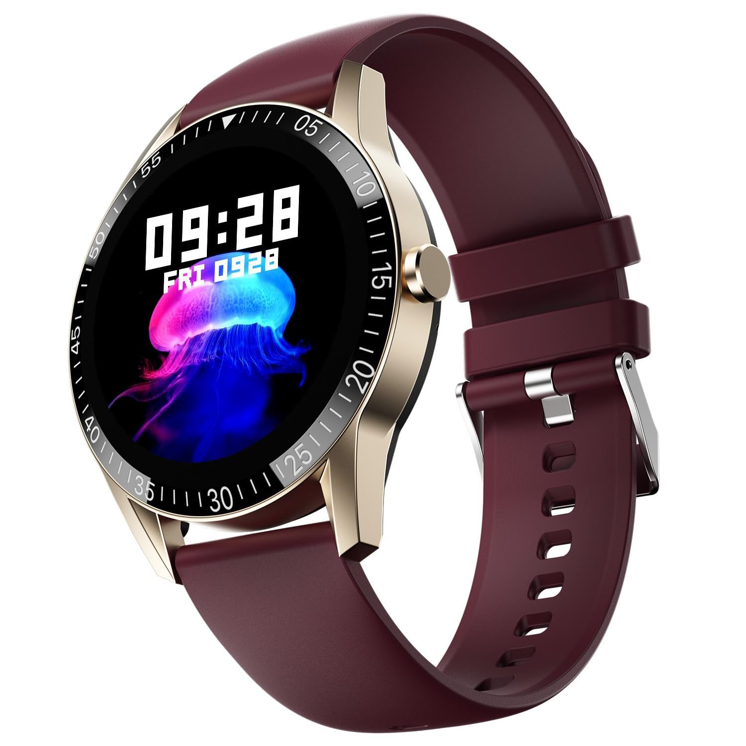 Fire-Boltt Talk Round Smart Watch 1.39″ TFT Display with Bluetooth Calling, Dual Button, Voice Assistance, SPO₂ & Heart Rate Monitor, 120+ Sports Modes, Smartwatch for Men & Women - Wine