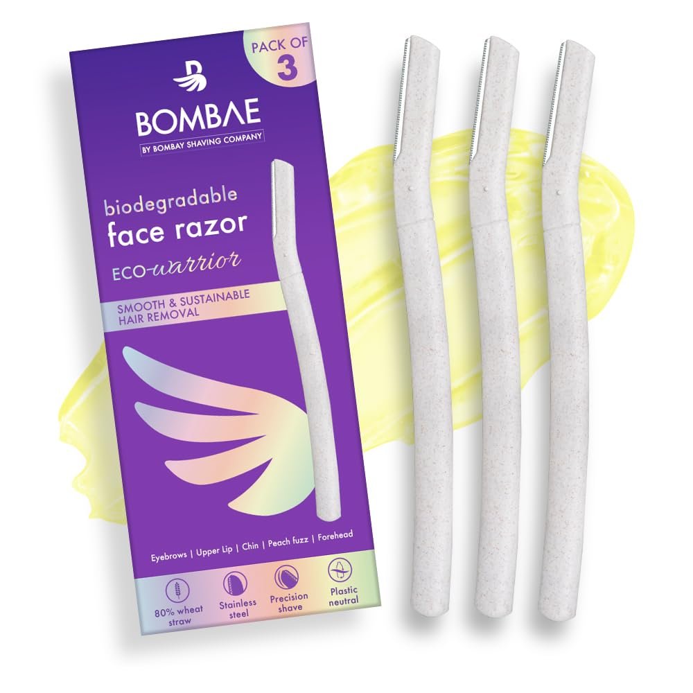 Bombae Reusable & Biodegradable Face & Eyebrow Razors for Women - 3 | Instant Glow & Painless Hair Removal | For Eyebrows, Upper Lip, Chin, Peach Fuzz, Forehead, Unibrow, Sideburns | Derma