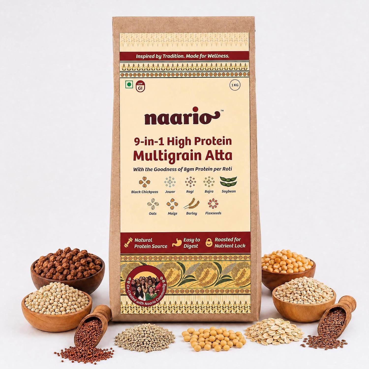 Naario 9-in-1 Multigrain Atta | 8g Protein Per Roti | No Wheat | Low GI | Diabetic Friendly | 9 Roasted Grains — Black Chana, Jowar, Ragi, Bajra, Oats, Flaxseeds | Gluten Free | 1Kg