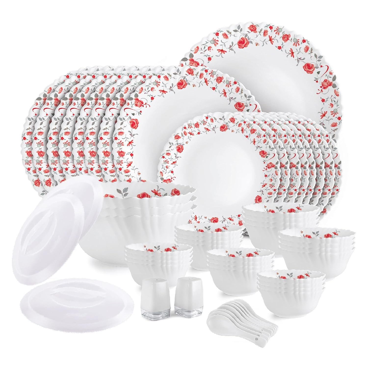 Cello Opalware Dazzle Series Red Rose Fantasy Dinner Set, 57Pcs | Opal Glass Dinner Set for 8 | Light-Weight, Daily Use Crockery Set for Dining | White Plate and Bowl Set