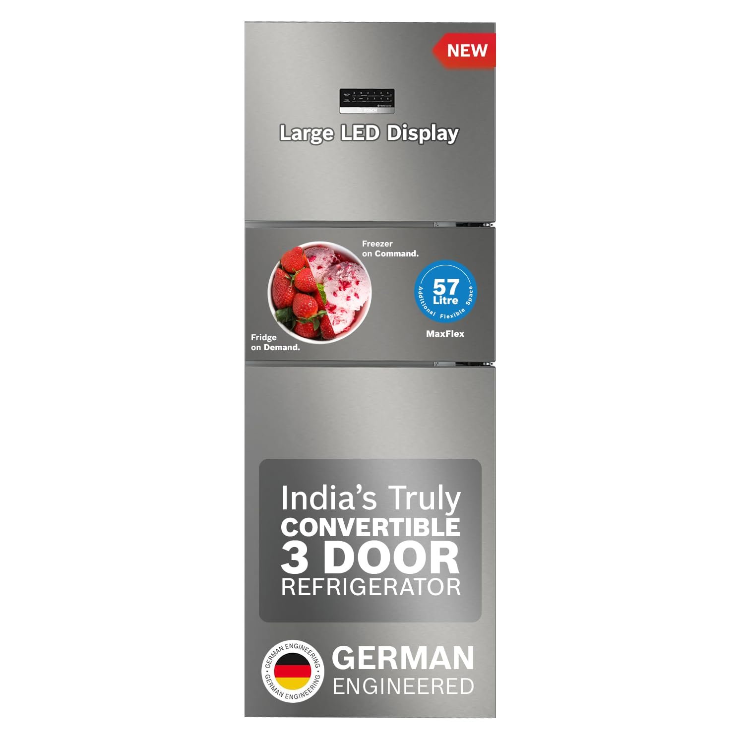 Bosch MaxFlex Convert 335L,3 Star Inverter Frost Free Triple Door Refrigerator (CMC36S03NI, 8-in-1 Convertible, UV Protected Body Shield, VitaFresh Technology, Adaptive UI, Smoky Steel)