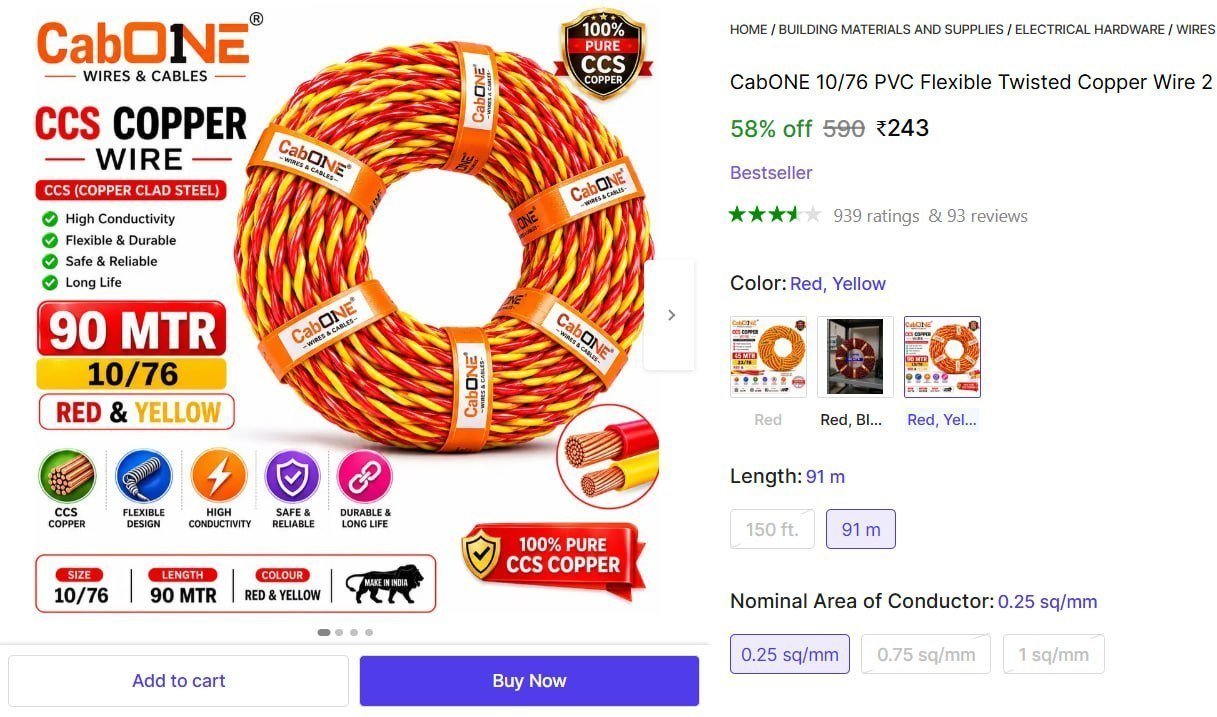 CabONE 10/76 PVC Flexible Twisted Copper Wire 2 Core Electric electrical Cable|90 MTR 0.25 sq/mm Red, Yellow 91 m Wire Price in India - Buy CabONE 10/76 PVC Flexible Twisted Copper Wire 2 Core Electri