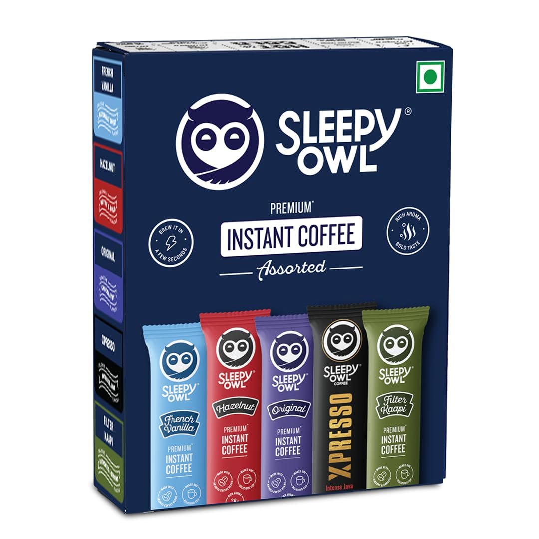 Sleepy Owl Pack of 10 Premium Instant Coffee Sachets | 2g Each - Flavoured Coffee Pouch | 5 Delicious Flavours - Original/Hazelnut/French Vanilla/Filter Coffee/Xpresso | Travel Pack - Easy to Use &