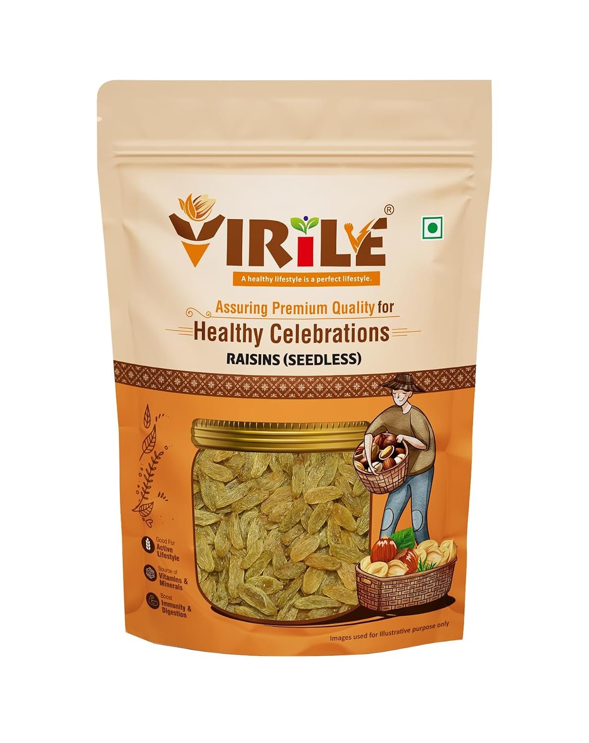 VIRILE Premium Raisins Seedless/Kishmish, 400g (Pack of 2), Source Of Potassium, Dry Fruits, Green Raisins