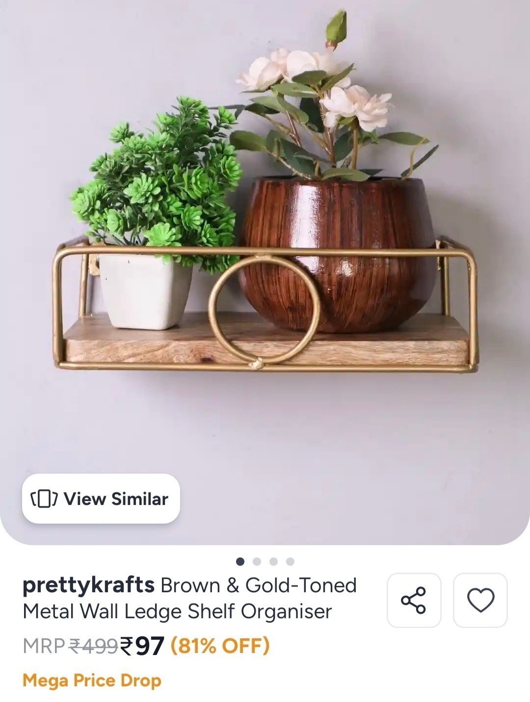 Buy Prettykrafts Brown & Gold Toned Metal Wall Ledge Shelf Organiser -  - Home for Unisex