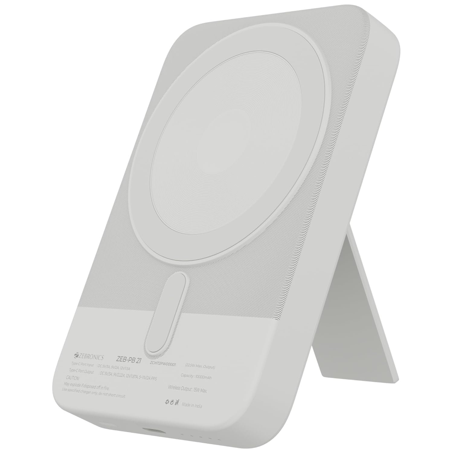 Zebronics 10000mAh MagSecure Compatible Powerbank, 15W Wireless Charging, 22.5W Rapid Charging, Type-C PD Input & Output, Built-in Stand, LED Indicator, Multi-Protection (EnergiSafe 10R5, White)