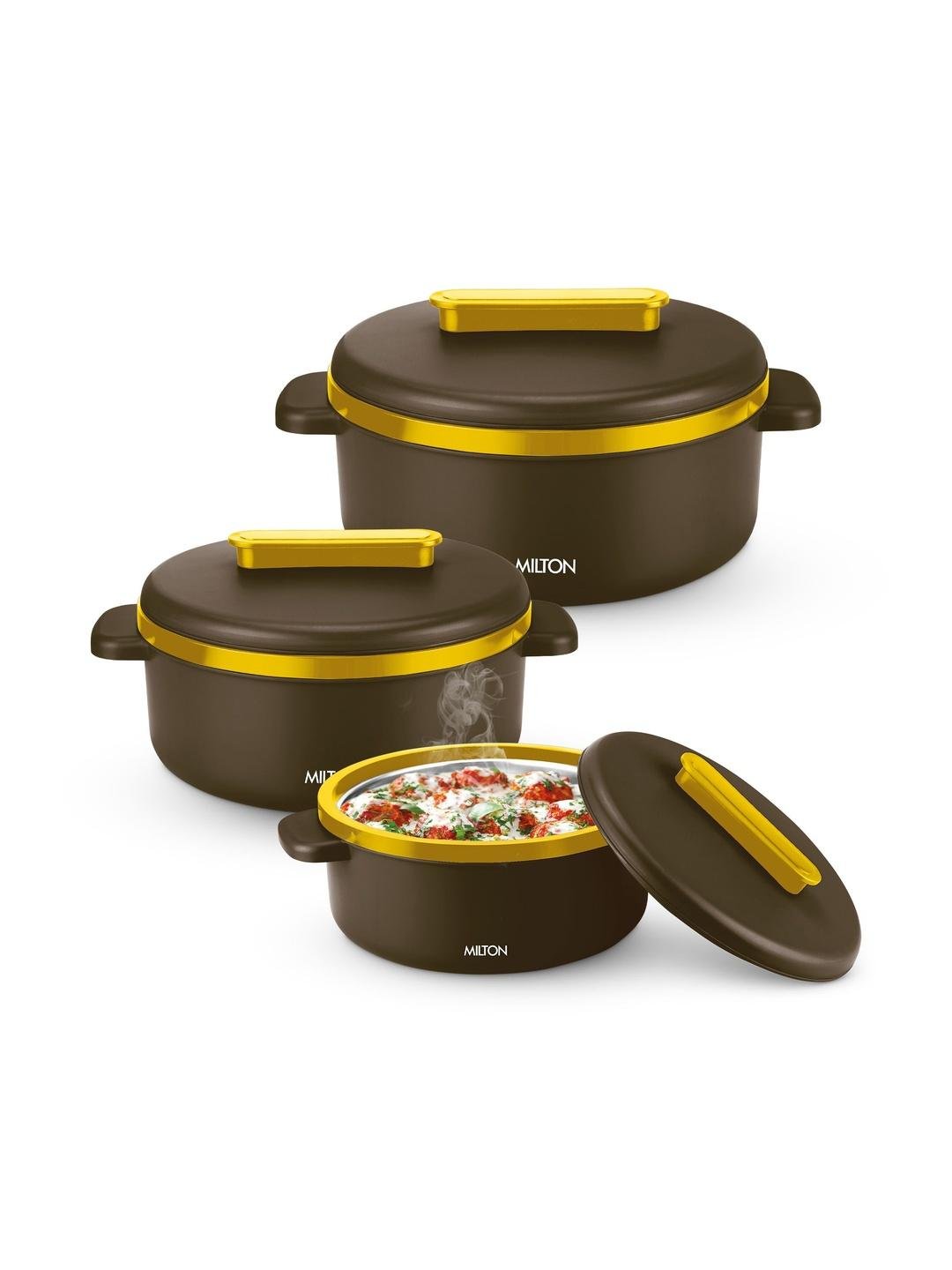 Buy Milton Micronova Jr Pack Of 3 Dark Brown 2500 Ml BPA Free Inner Steel Casserole Gift Set -  - Home for Unisex