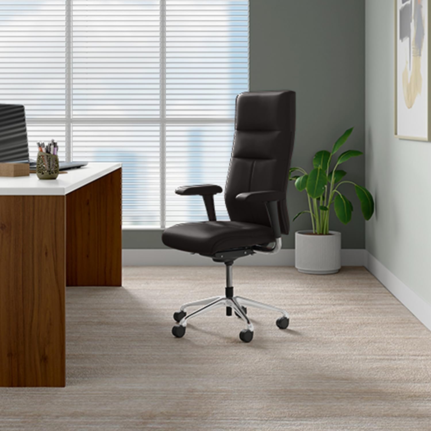 Interio by Godrej Chair, La Sede High Back Leather Executive Ergonomic Chair (Black Ink), 1 Year Warranty, Adjustable Armrest