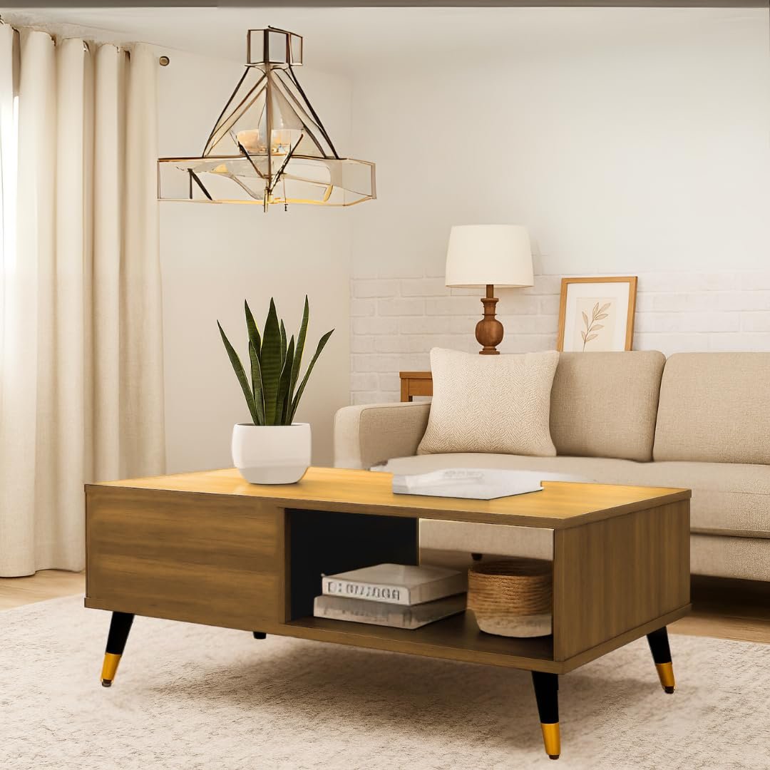 MATTERHORN Noir Coffee Table – 1000x550x500 mm (LxBxH), Engineered Wood & Steel with Black & Gold Legs, Free Assembly, 1-Year Warranty – Modern Center Table for Living Room (Almond Beige Finis