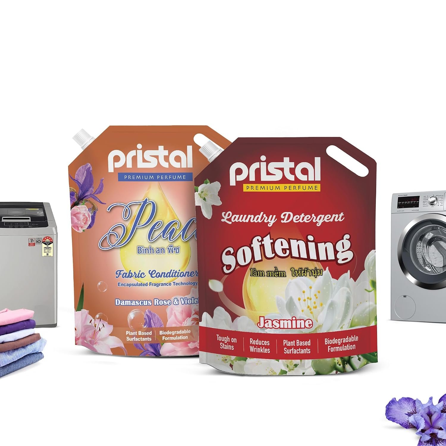 Pristal 2-in-1 Laundry Care Combo – 1L Peace Fabric Conditioner & 1L Softening Liquid Detergent | Tough on Stains, Fabric Softener, 3D Long-Lasting Fragrance, Eco-Friendly, Singapore Formulated