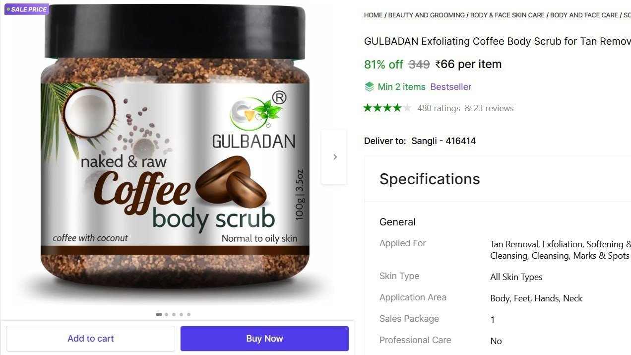 GULBADAN Exfoliating Coffee Body Scrub for Tan Removal & Soft-Smooth Skin - 100% Natural Scrub Price in India - Buy GULBADAN Exfoliating Coffee Body Scrub for Tan Removal & Soft-Smooth Skin - 