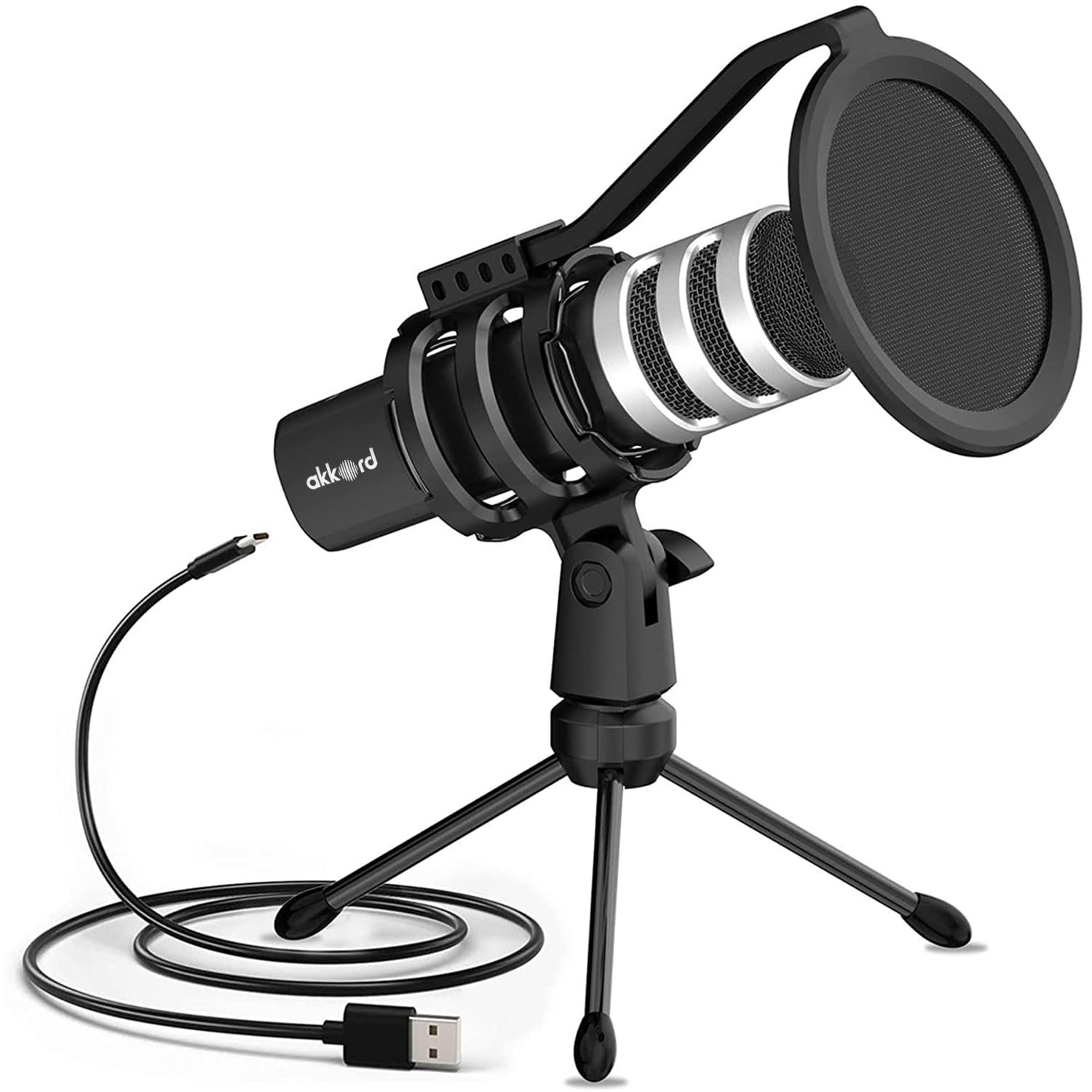 Akkord USB Microphone with Tripod Stand – 192kHz/24Bit Cardioid Condenser Mic, 9.7mm Diaphragm, Plug & Play for Podcasting, Streaming, Voice Recording, Gaming – for PC, Mac, Laptop