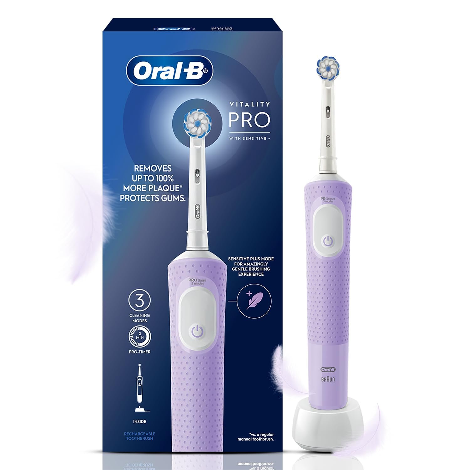 Oral-B Vitality Pro Rechargeable Electric Toothbrush for Adults | 3 Brushing Modes: Daily, Sensitive & Sensitive+ | 2-Min Timer with Quadpacer | IPX7 Waterproof | 2 Year Warranty | Round Brush Hea
