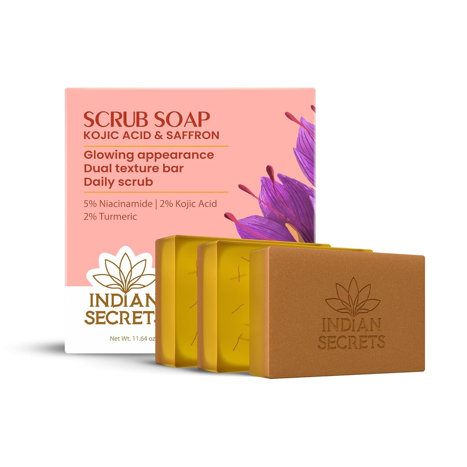 Kojic Acid & Saffron Detan Scrub Soap | Skin Brightening & Tan Removal Bathing Soap for Men & Women | Kojic Soap – Dark Spots, Pigmentation | Turmeric & Niacinamide (Pack of 3)
