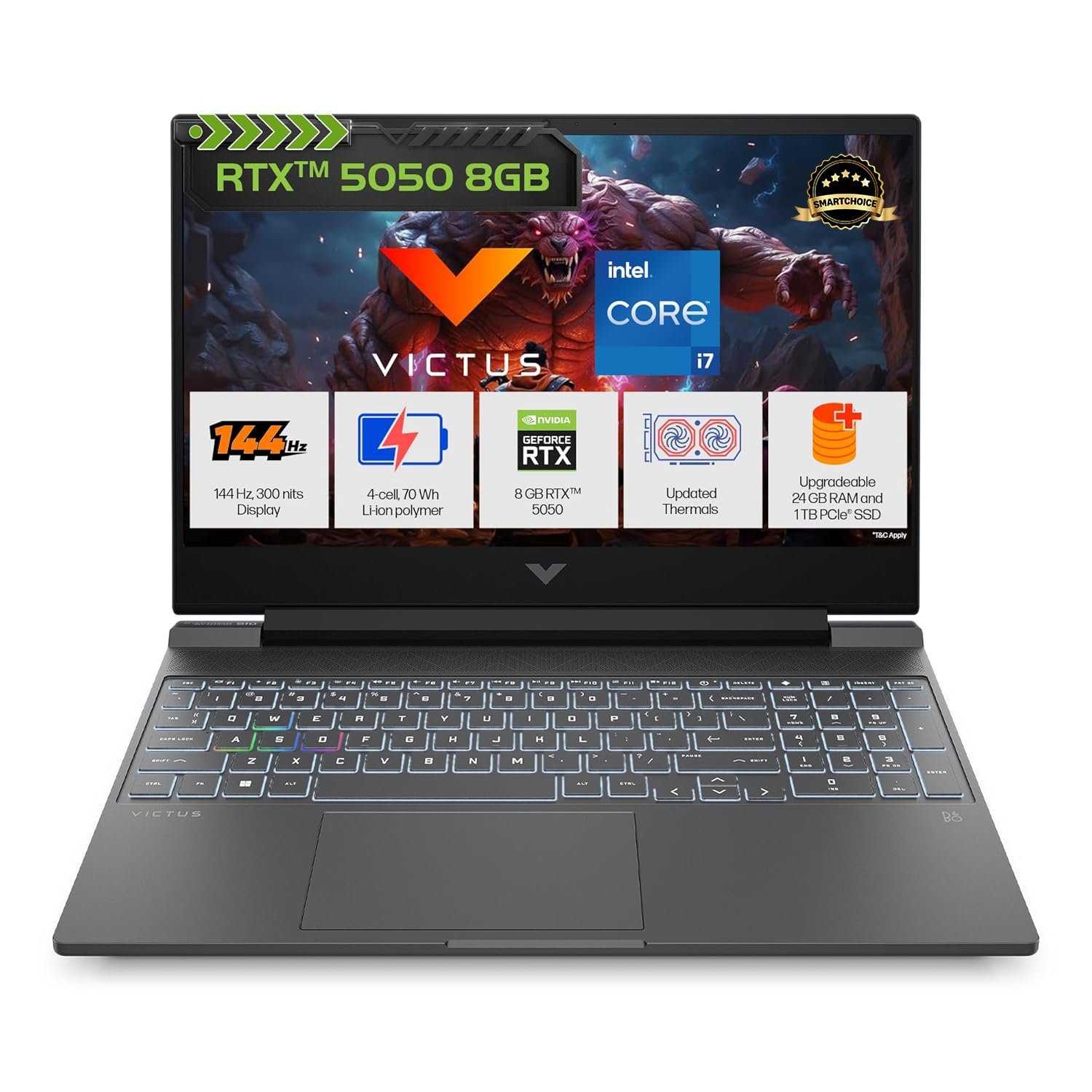 HP Smartchoice Victus, 13th Gen Intel Core i7-13620H, 8GB RTX 5050, 24GB DDR5(Upgradeable) 1TB SSD, 144Hz, 15.6''/39.6cm, Win11, Office24, Mica Silver, 2.3kg, fa2309, Xbox Gamepass*, RGB Gamin