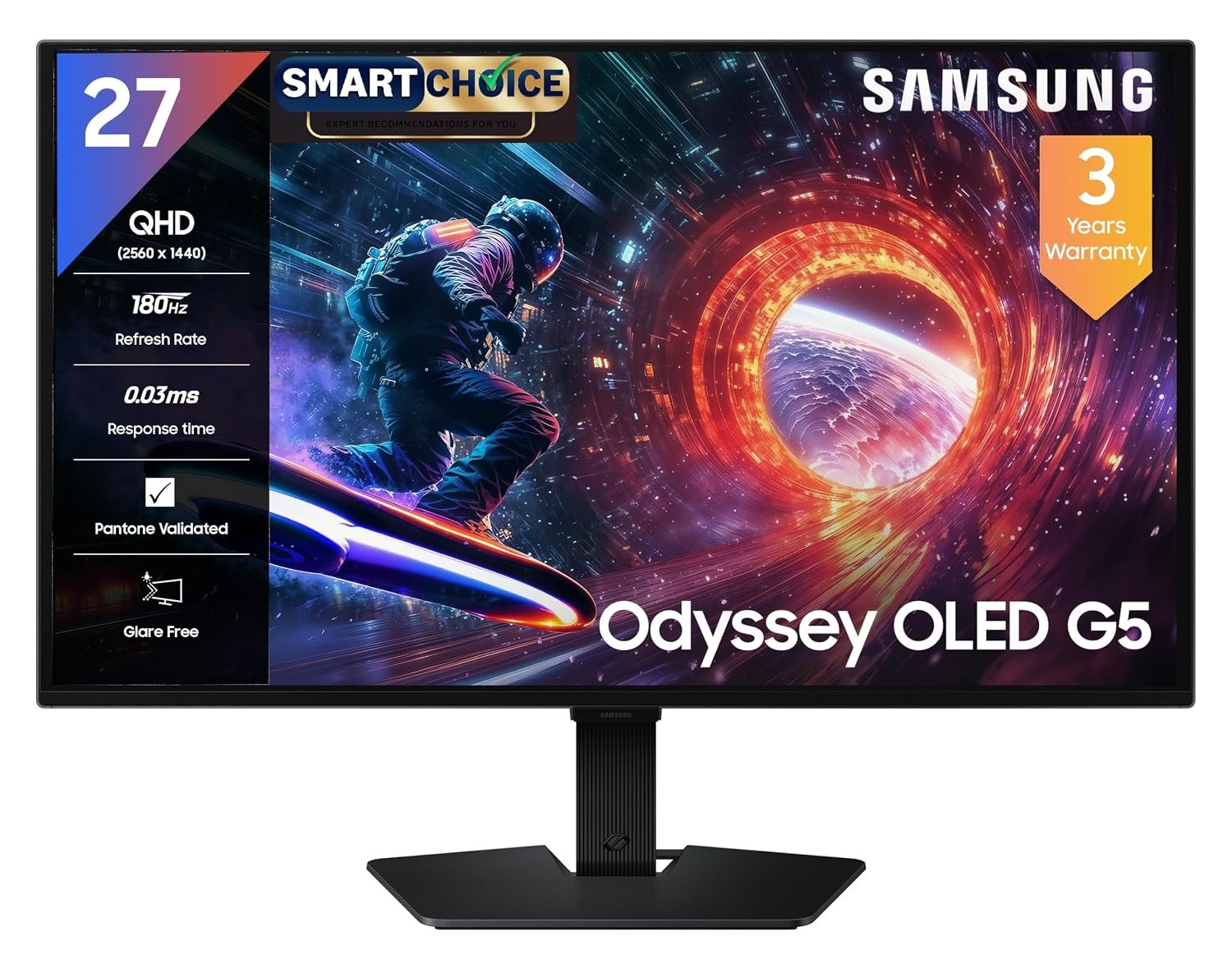 Samsung 27" Odyssey QD-OLED G5 Gaming Monitor (Smartchoice) |QHD 2560 x 1440|180 Hz|0.03ms|Pantone-Validated|G-Sync|Free Sync|Glarefree|Ports-DP,HDMI,Headphone|1 Billion Color| LS27FG502SWXXL|Blac
